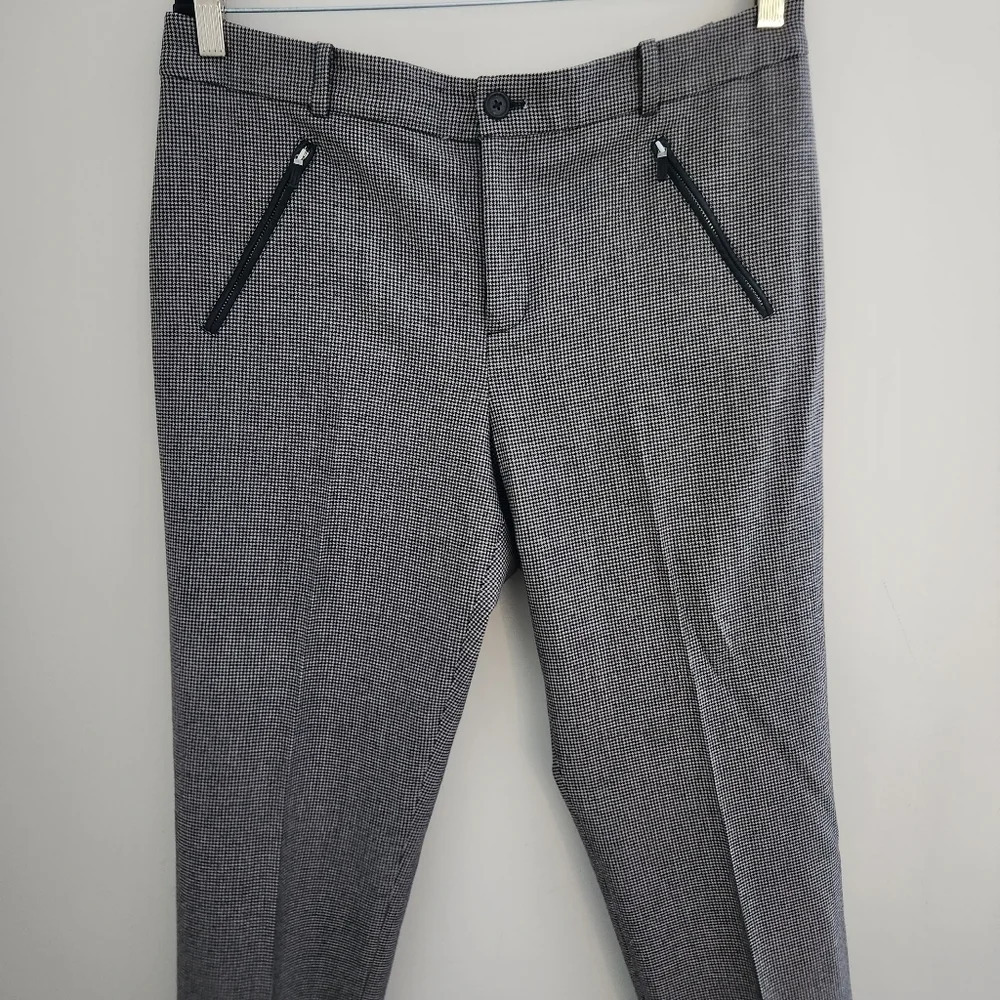 Lauren Ralph Lauren | Houndstooth Straight Leg Wool Leather Pants - Size 12 - Picture 2 of 14